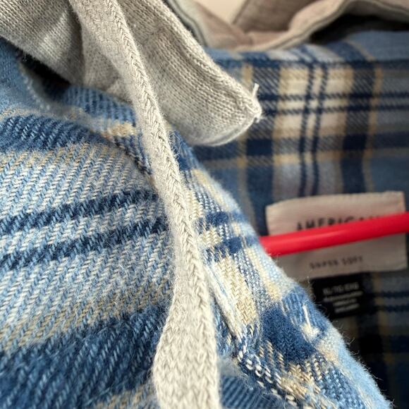 American Eagle Flannel Men's Size XL Super Soft NWT Blue Plaid Detachable Hoodie - Picture 8 of 16